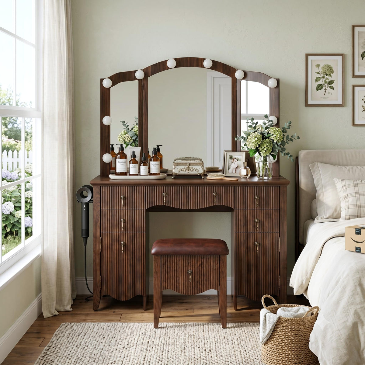 Walnut Vanity Desk with Lighted Mirror