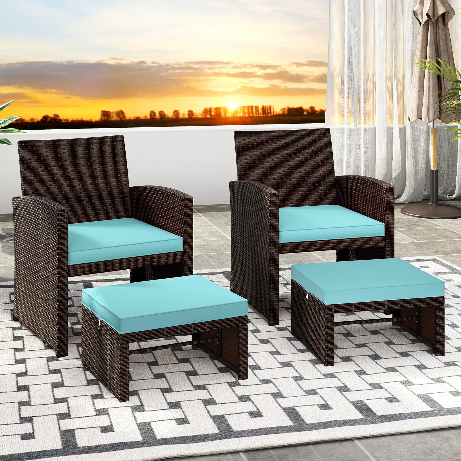 Wicker Outdoor Ottoman Set of 2 with Removable Cushions