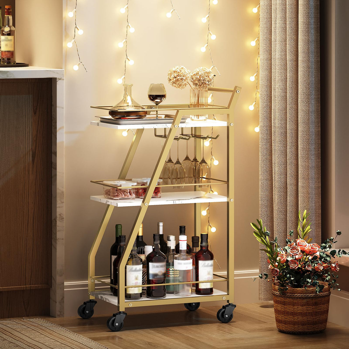YATINEY Bar Cart, 3-Tier Home Bar Serving Cart with Wheels, Drink Cart with Glass Holder, Beverage Cart, Rolling Kitchen Cart, for Home, Living Room, Gold BC03DW