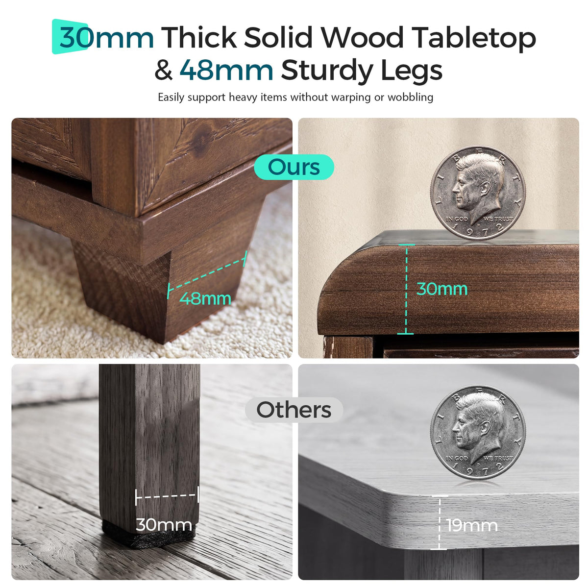 LINSY HOME Solid Wood End Table, 3-Drawer Rustic Nightstand, Dark Brown