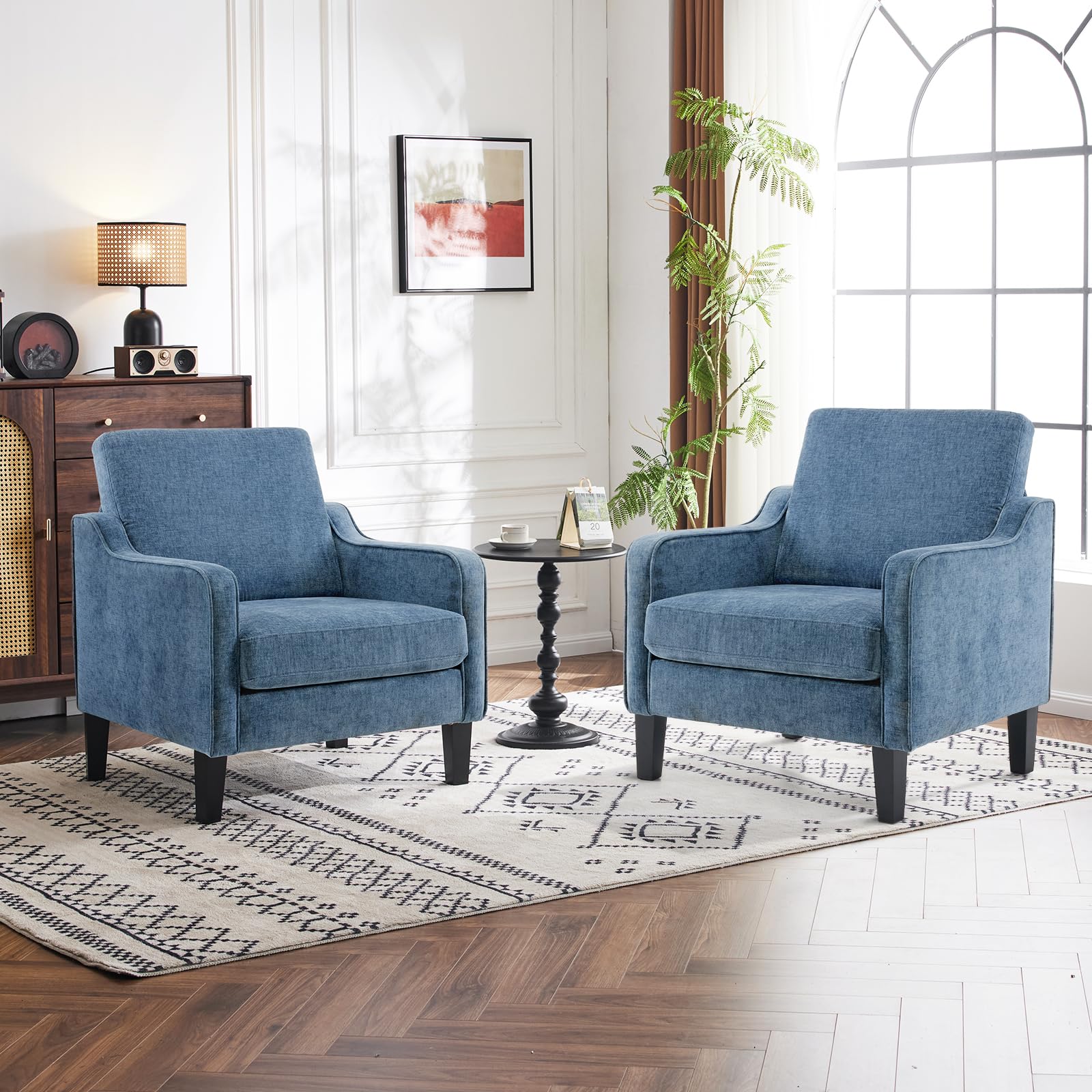 VINGLI Mid Century Modern Accent Chair,Navy Blue Chenille Chairs for Living Room Upholstered Armchair with Scooped Arms for Bedroom,Apartment,Studio,Office,Waiting Room