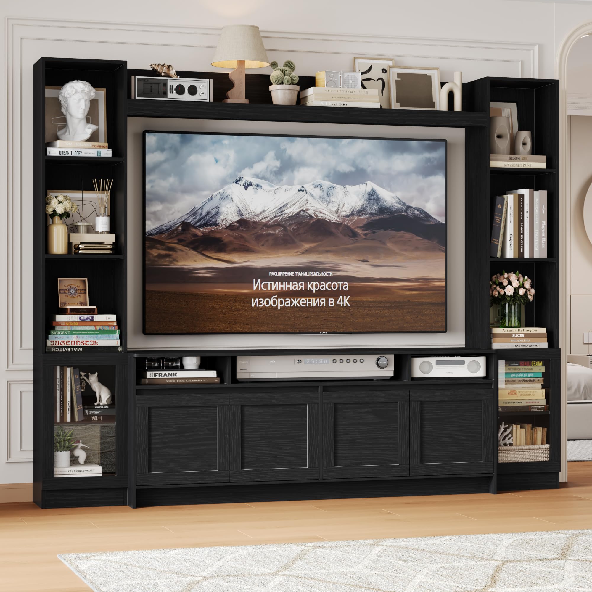 FACBOTALL 79" W Entertainment Center with Bookshelves & Storage Cabinet, Modern Wall Unit TV Stand for TVs up to 60", Large TV Console with LED Lights for Living Room, Black