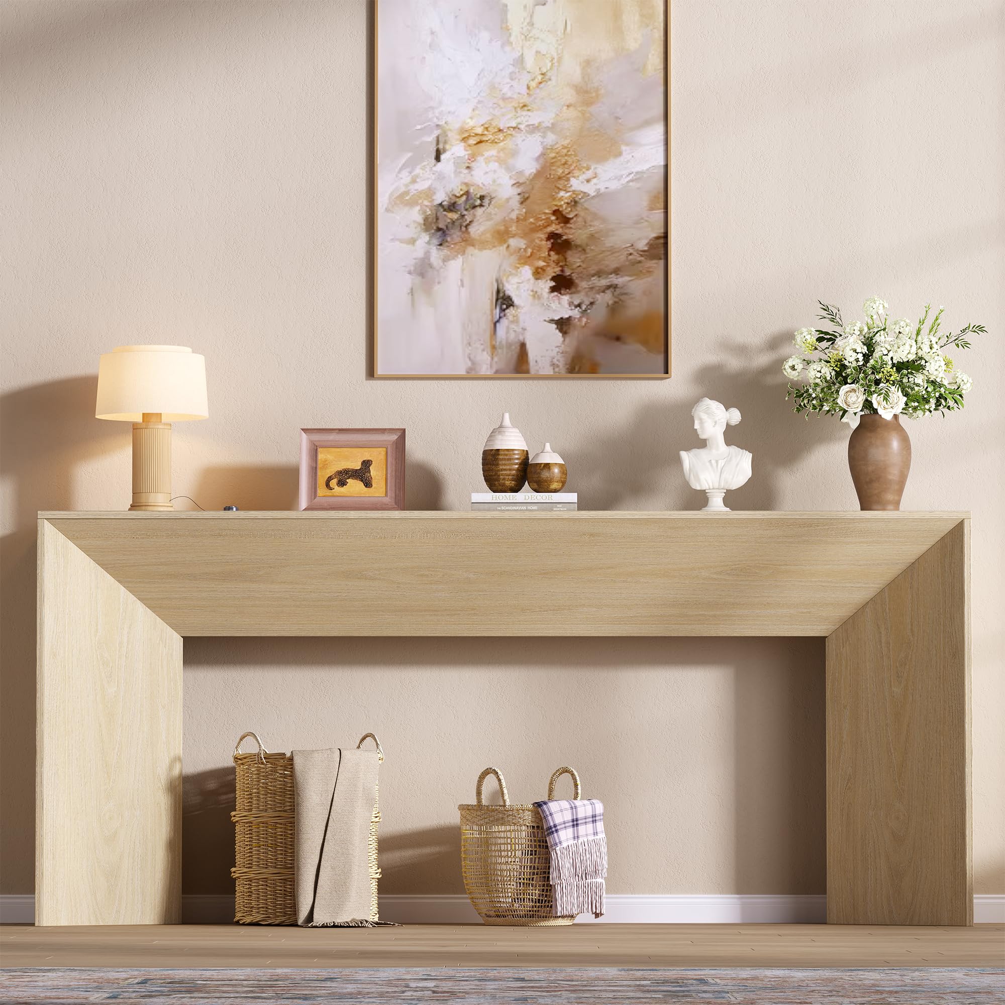 knoworld 70.9 Inch Long Console Table, Farmhouse Entryway Table with Sturdy Triangular Base, Wood Narrow Behind Couch Sofa Table for Living Room, Hallway, Foyer, Natrual Oak