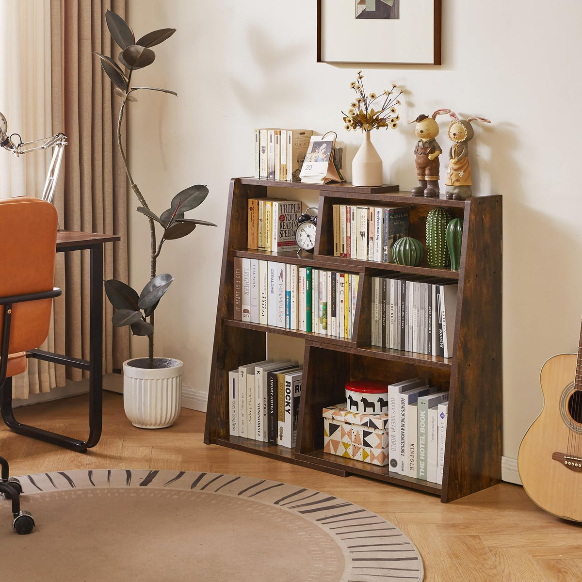Aibiju Expandable 3-in-1 Convertible Bookcase with Adjustable Width, 4-Tier Modern Storage Organizer, Space-Saving Wooden Bookshelf Rustic Brown YD-BC005H