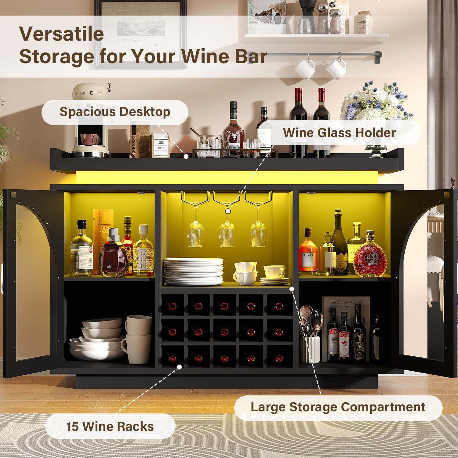 knoworld Wine Bar Cabinet 54'', Black Coffee Bar Cabinet with LED Lights and Outlet, Liquor Cabinet with Wine Rack & Glass Holder, Sideboard Buffet Cabinet for Dining Room, Kitchen