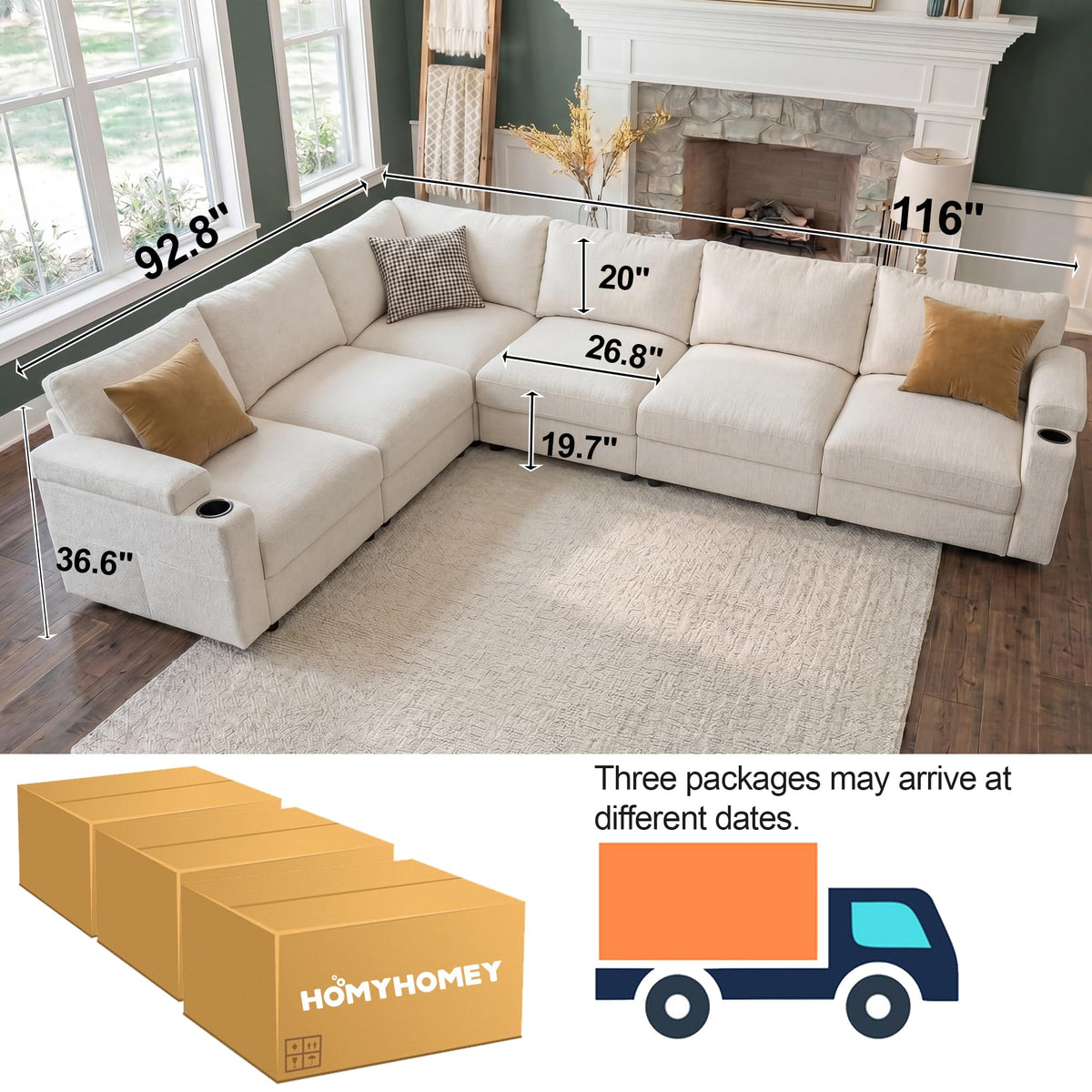 sectional couches for Living Room, Oversized Modular Cloud U Shaped Couch, FSC Certified Chenille, Removable Chaise Sofa (Beige, L Shaped 6 Seat)