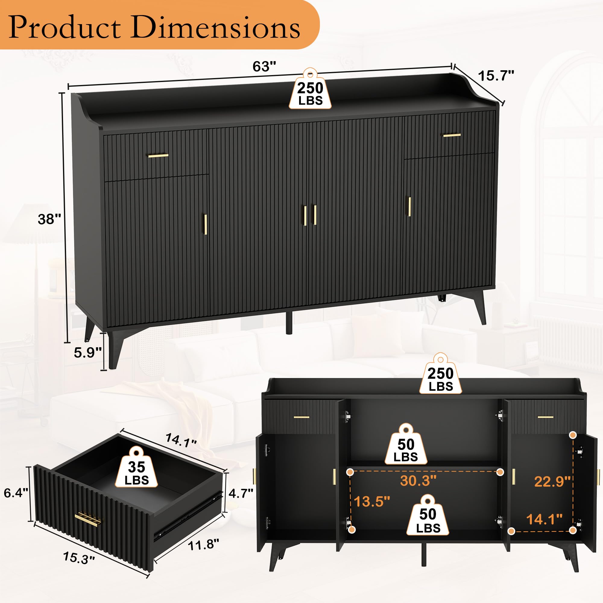 Black Fluted Sideboard Buffet Cabinet with Storage