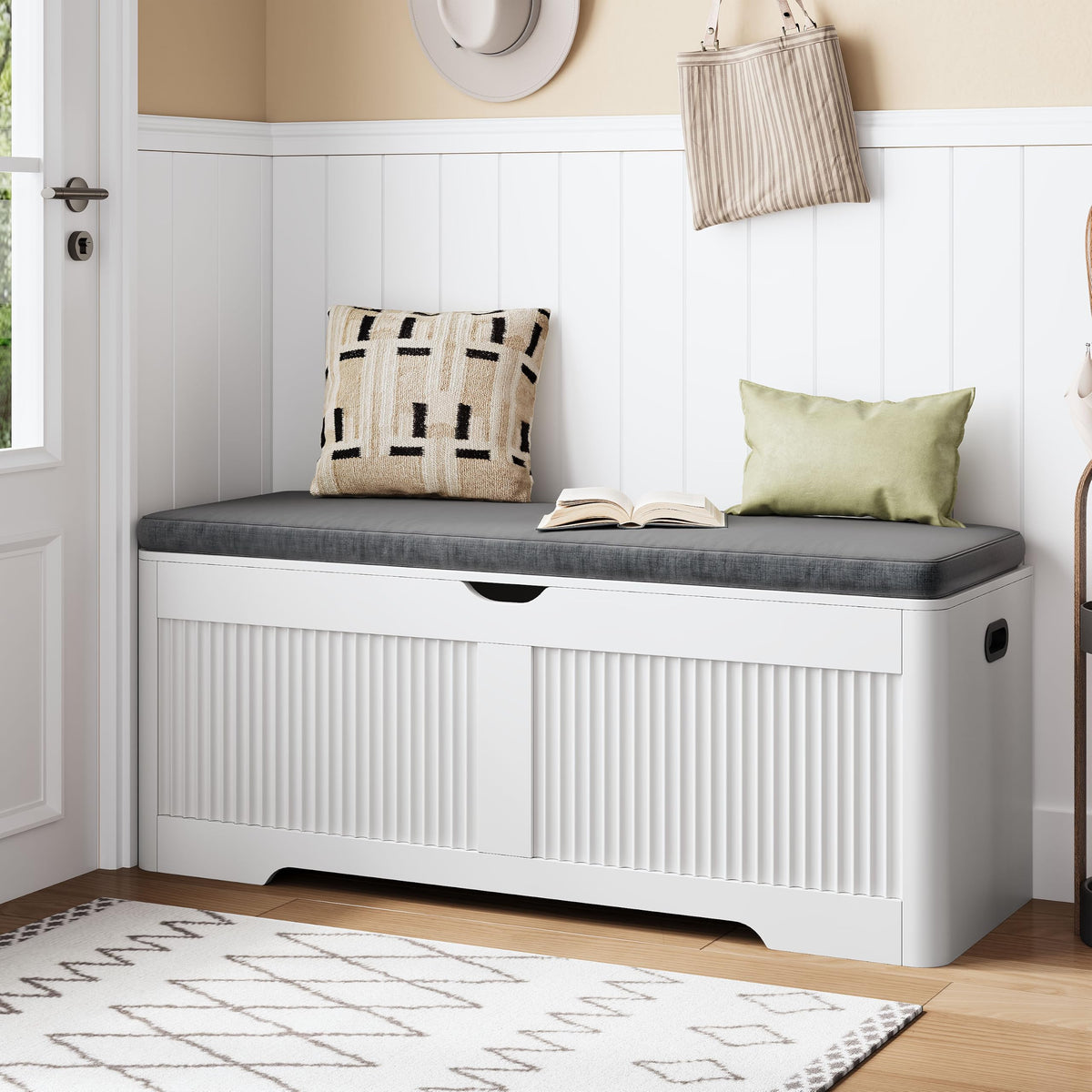 47.3"W Fluted Storage Chest with Padded Seat Cushion, Curved Profile, White
