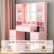 ANYMAPLE Vanity Desk with Mirror & Lights, Makeup Vanity with Power Strip, 7 Drawers & 2 Cabinets, Hair Dryer Holder, RGB Cabinet Lighting, 3-Color Dimmable Mirror