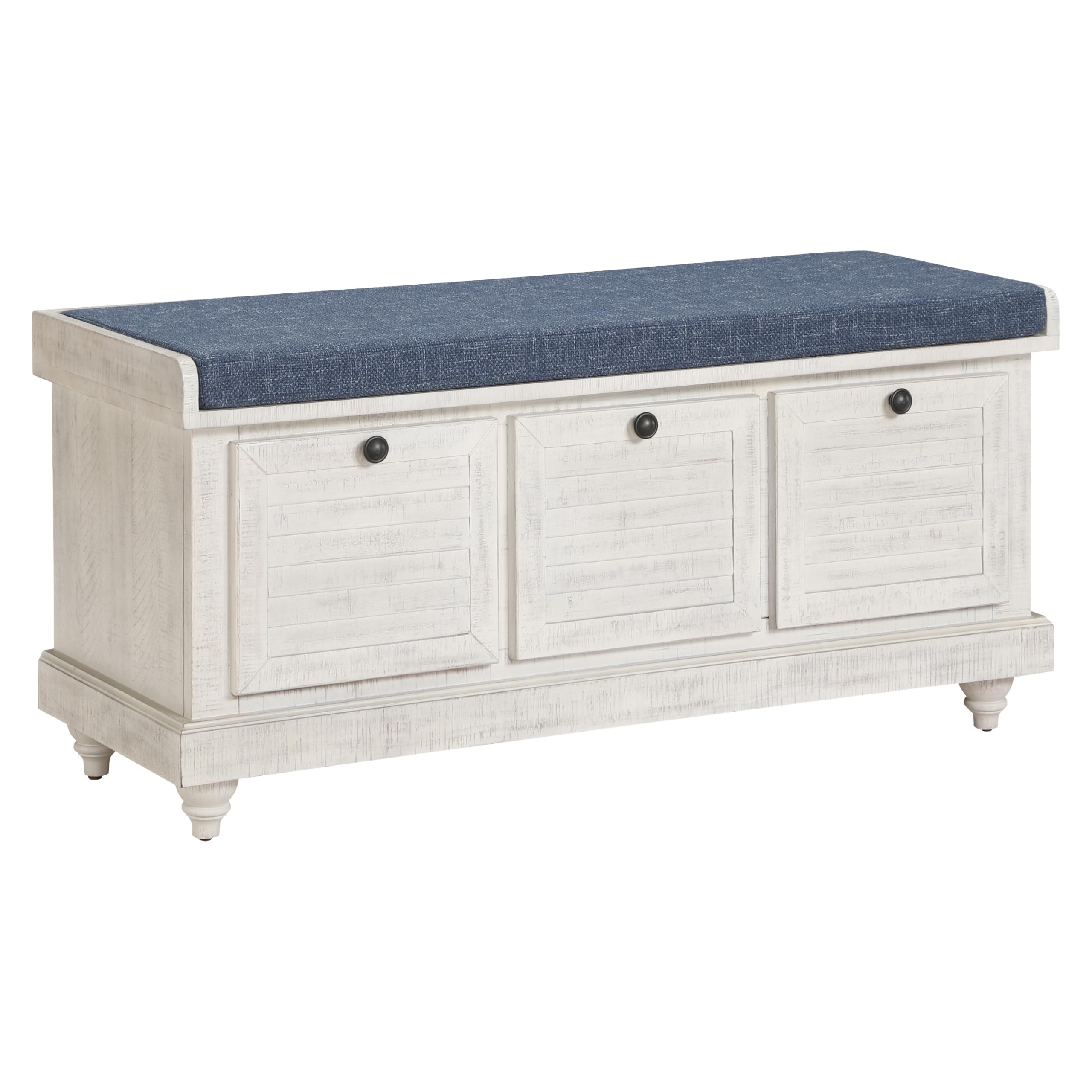 OSP Home Furnishings Dover Coastal Lift-Top Storage Bench with Shutter Face Styling, Distressed White Finish with Navy Fabric Cushion