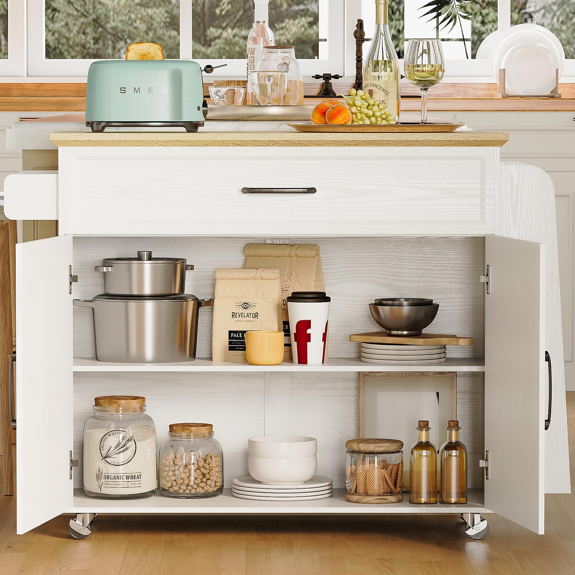 Kitchen Island Cart with Power Outlet & Drop Leaf