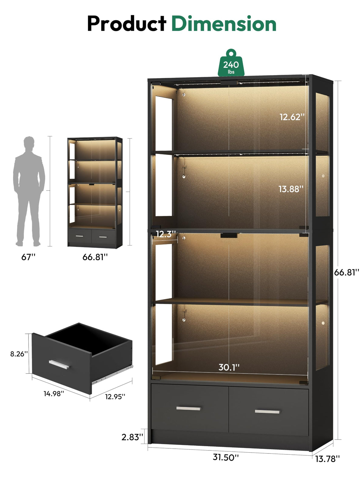 Lamtor 67-inch Glass Display Cabinet for Sports Memorabilia | Black