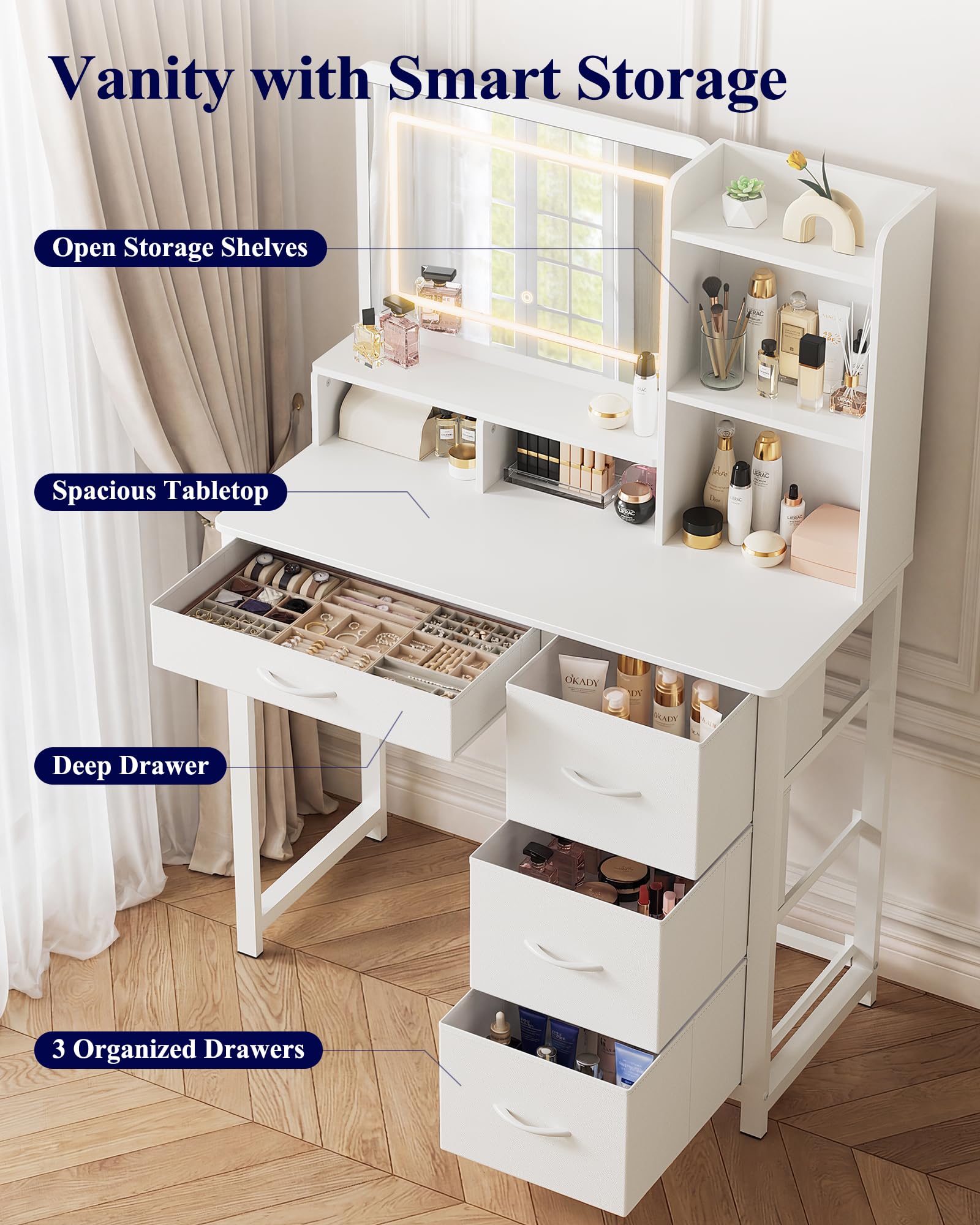 Kitsure Vanity Desk with Mirror and Lights - Large Capacity Makeup Vanity with 4 Fabric Storage Drawers & 3 Lighting Modes, Vanity Table Set with Sturdy Metal Frame for Bedroom, White, 35" x 17" x 52"