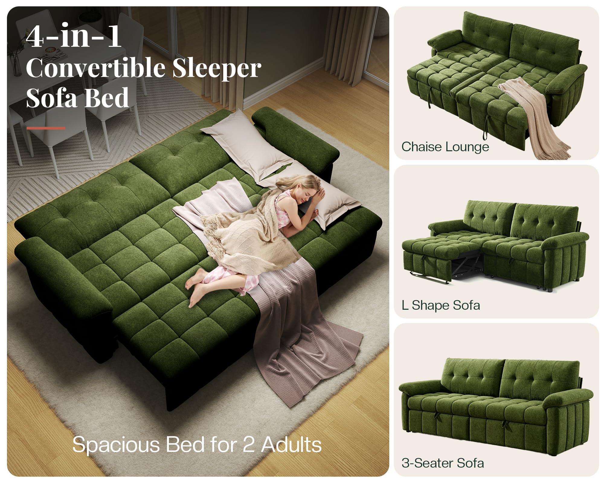 Jocisland 93” 4-in-1 Convertible Sofa Bed, Full Size Cloud Sleeper Sofa, Tufted Chenille, 5-Position Adjustable Backrest, 10-Minute Tool-Free Assembly, Couches for Living Room Guest Room, Green