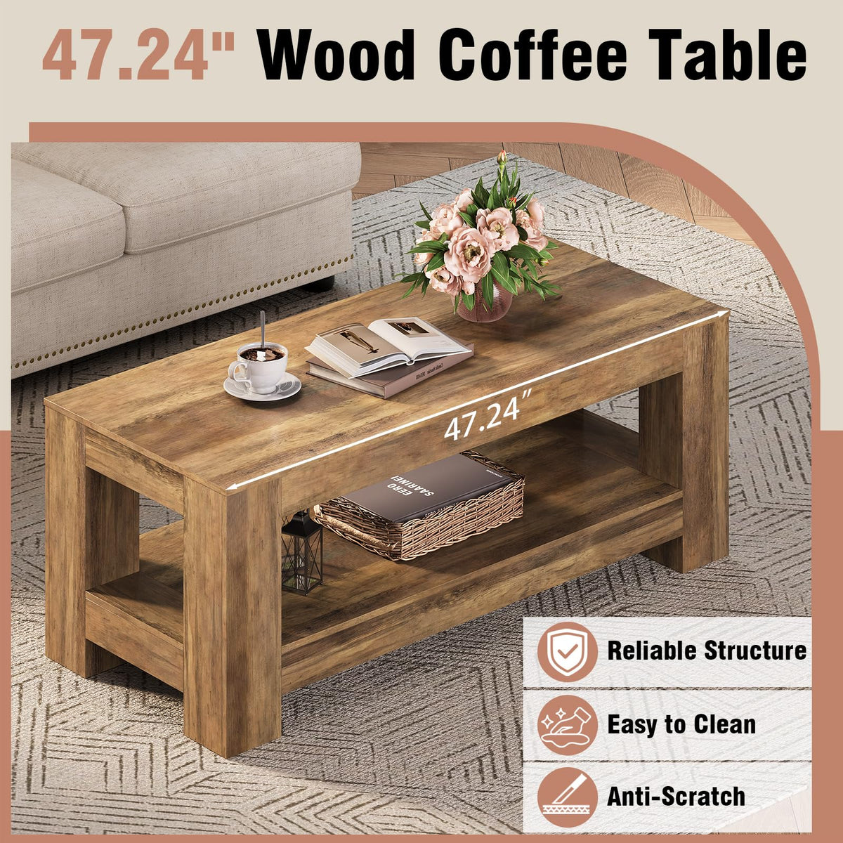 Tohomeor Wood Coffee Table for Living Room, 47.24 Inch Farmhouse Coffee Table with Storage, 2-Tier Accent Center Table with for Home Office Apartment, Retro Brown