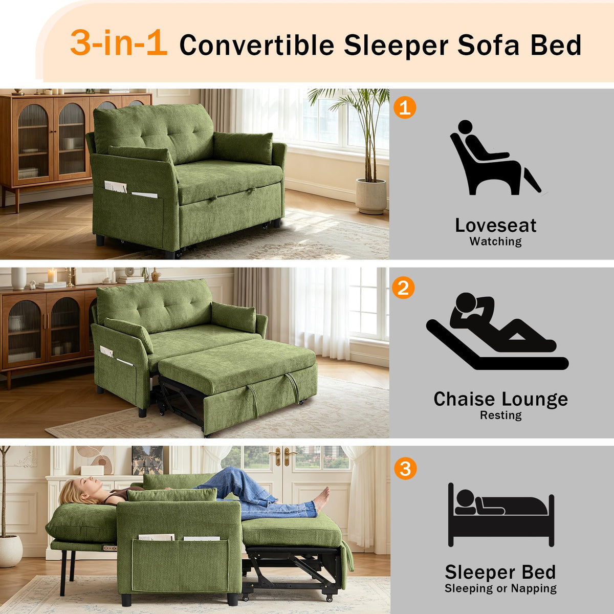 Green 3-in-1 Sleeper Loveseat