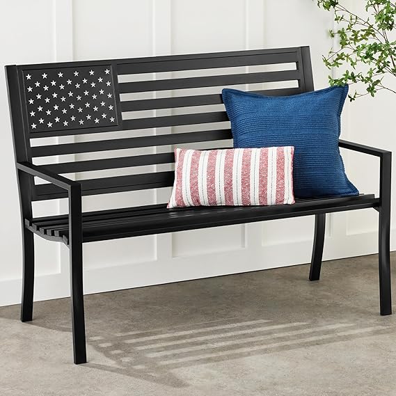 2-Person Steel Outdoor Bench with American Flag Backrest