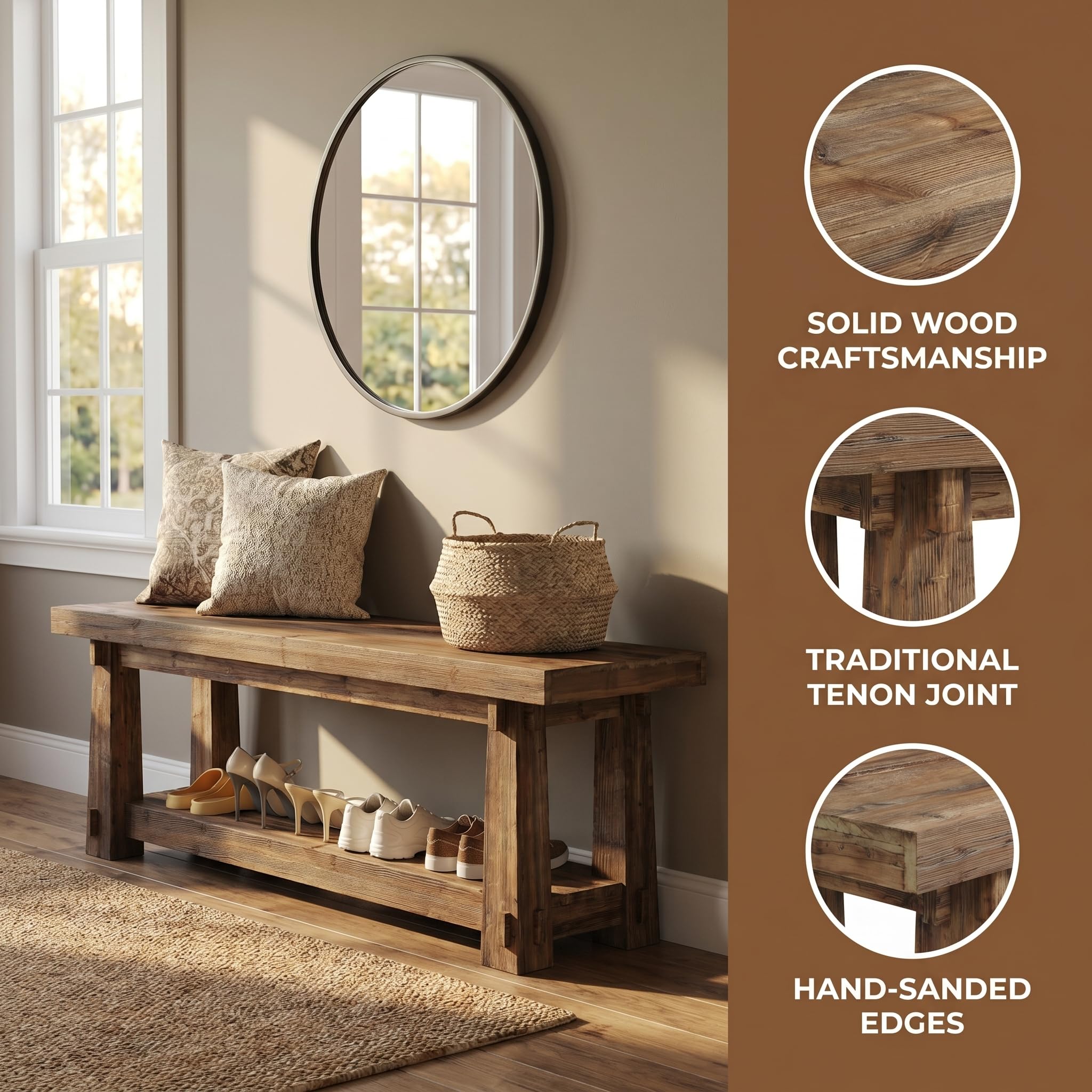 TRIBEWOOD 55" Solid Wood Entryway Bench with Shoe Storage, Rustic Wood Grain Shoe Rack Window Bench Seat for Foyer, Hallway, Mudroom, Bedroom, Easy Assembly (Rustic Light Wood)