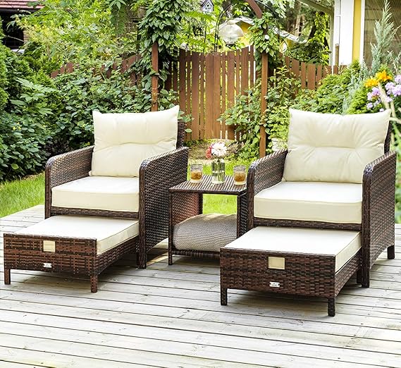 Wicker Patio Conversation Set with Ottomans & Coffee Table