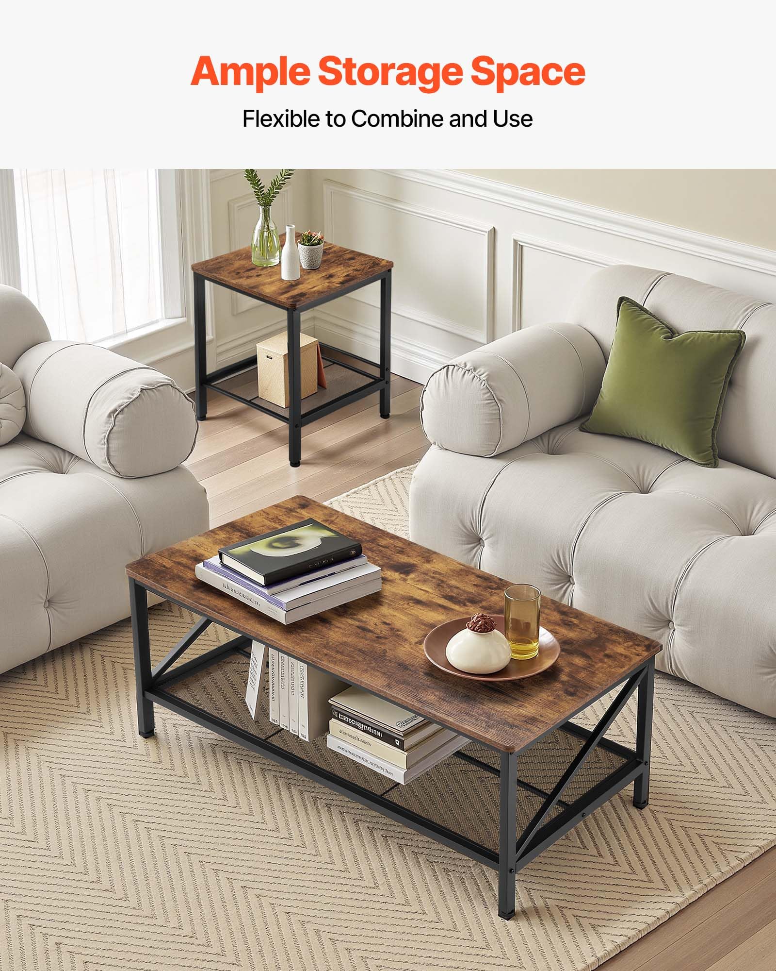 3-Piece Living Room Coffee & End Table Set with Metal Legs