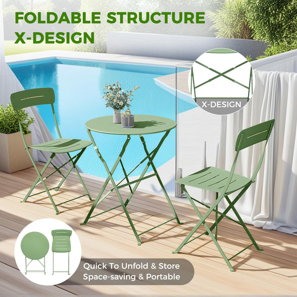 Grand patio Premium Frame Patio Bistro Set, Colorful Folding Outdoor Patio Furniture Sets, 3-Piece Patio Table and Chair Set, Sage Green