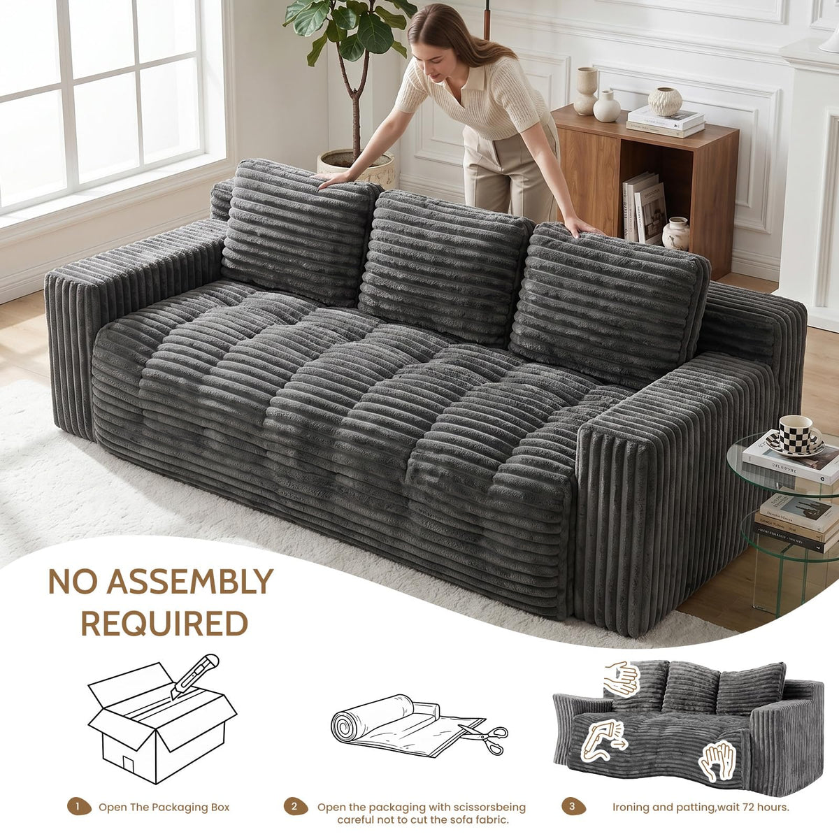 Tykacna 70” Boneless Couch, 3 Seater Sofa Couch with Extra Deep Seats 3 Pillows,Corduroy Modern Small Couch for Living Room, Office, Bedroom, Apartment,Grey