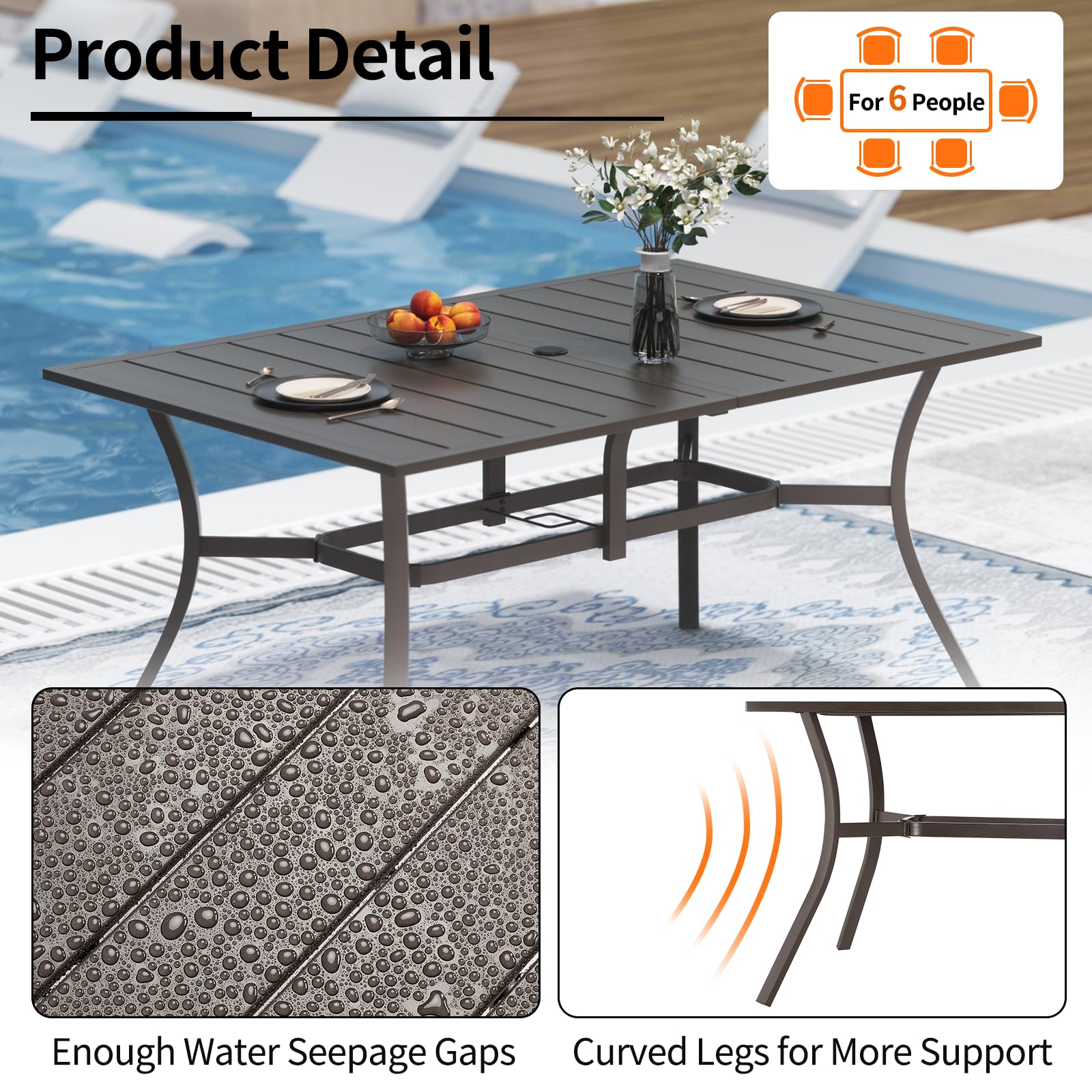 ADREAK Outdoor Metal Steel Rectangle Patio Dining Table, 6 Person Patio Table with Adjustable Umbrella Hole, Weather-Resistant for Garden Backyard Porch, Dark Brown