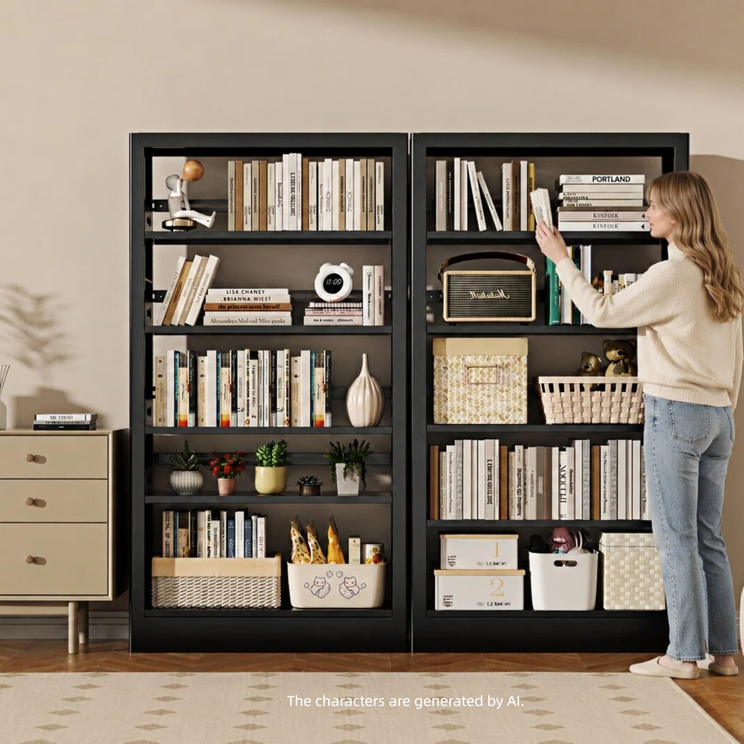 Jazipic 5-Tier Bookcase with Adjustable Storage Shelves, Heavy Duty Bookcase, Metal Bookshelf with Book Stopper, Black Bookcase Shelf for Library, Office, Living Room