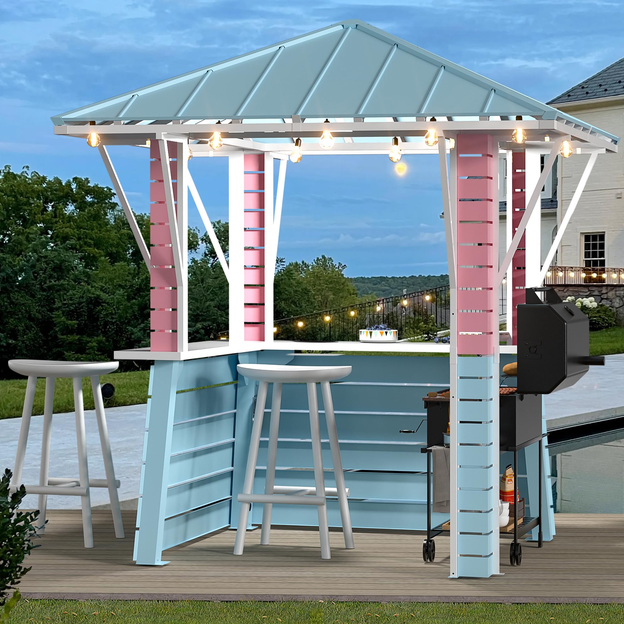 Modern Shade Hardtop Gazebo 8' x 8', Grill Gazebo with USB Charging Socket and Hooks, Outdoor Gazebo with 2 Open Sides, Coastal-Inspired Roof, Galvanized Steel Outdoor Bar for Swimming Pool, Backyard