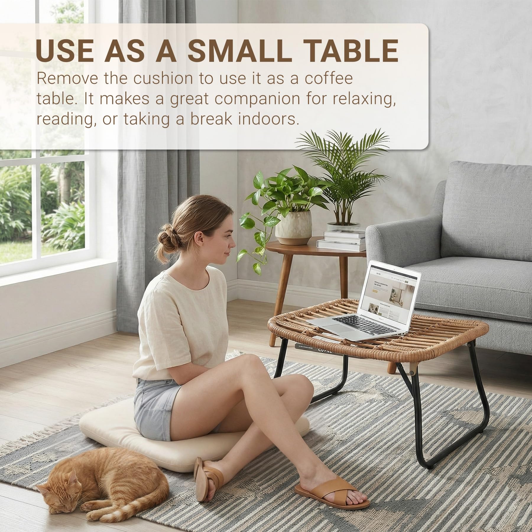 Outdoor Folding Wicker Ottomans with Cushion (Set of 2)
