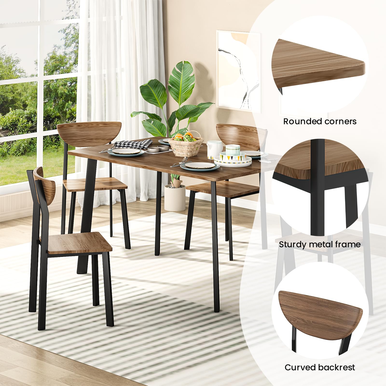 AWQM Dining Table Set for 4, Wood Kitchen Table and Chairs,Curved Backrest Kitchen & Dining Room Tables, Dinette Set for Small Space, Dining Room, Breakfast Nook, Apartment, Walnut