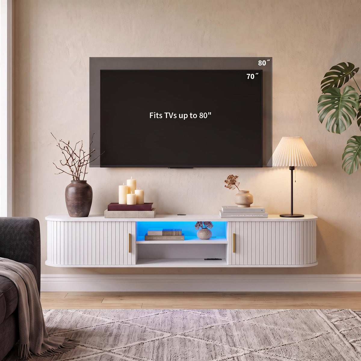 Takwep 70" Floating TV Stand With Storage,Fluted Entertainment Center White