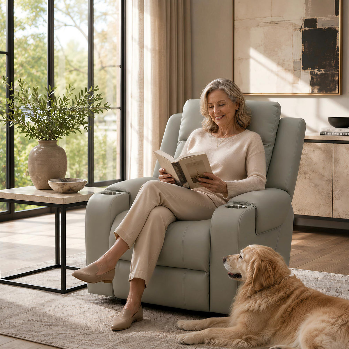 FLEXISPOT Truffle Top Grain Leather Power Wall Hugger Recliner, Beige