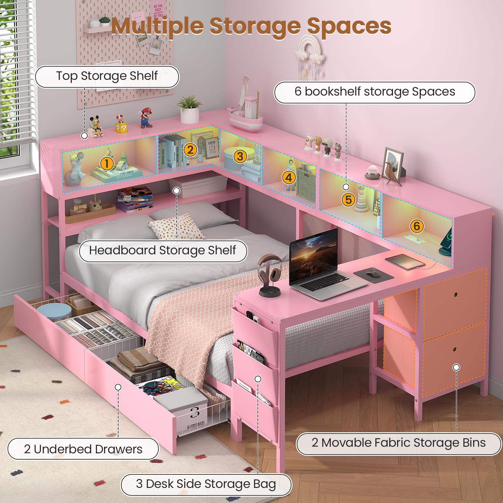 Hasuit Twin Corner Bed with Desk and Storage Bookcase, Daybed with 2 Drawers & 2 Storage Bins, Twin Size Platform Bed Frame with Charging Station and LED Light, Modern Teenagers Bedframe, Pink