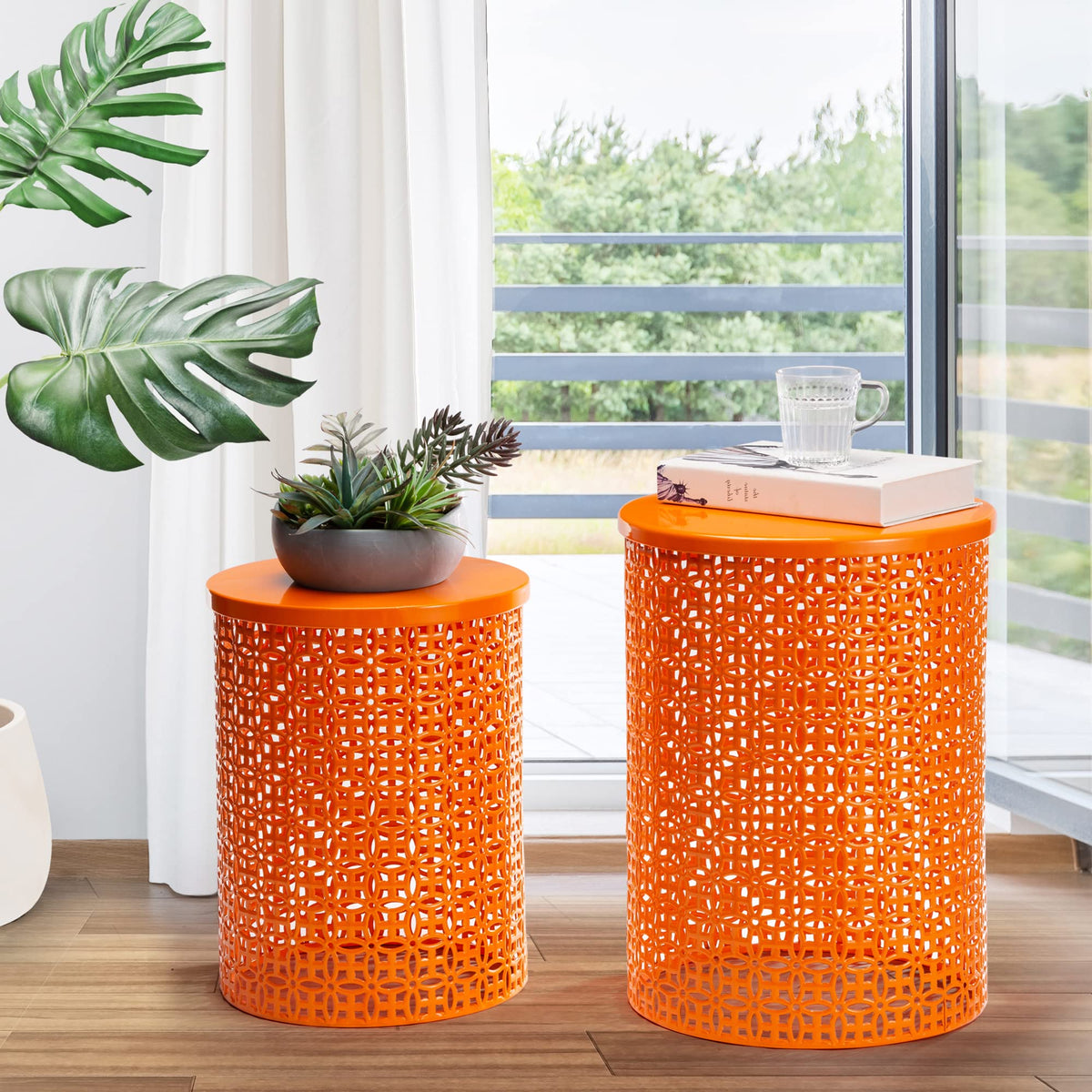 Glitzhome Outdoor Side Table Set of 2, Decorative Garden Stool for Patio Heavy Duty Metal Frame Accent Table Modern End Table, Glossy Orange