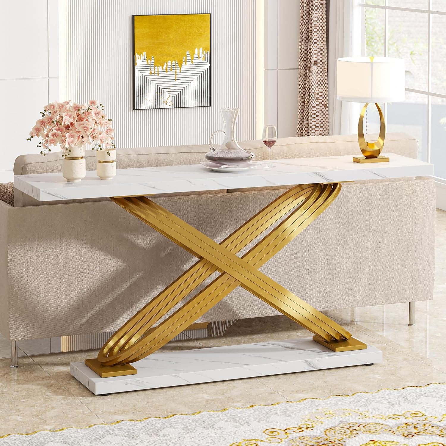 Tribesigns 55 Inch Modern Console Table, Gold Entryway Table Behind Sofa Couch, Narrow Rectangular Sofa Table for Living Room, Bedroom, Front Hall, Hallway, Gold & White
