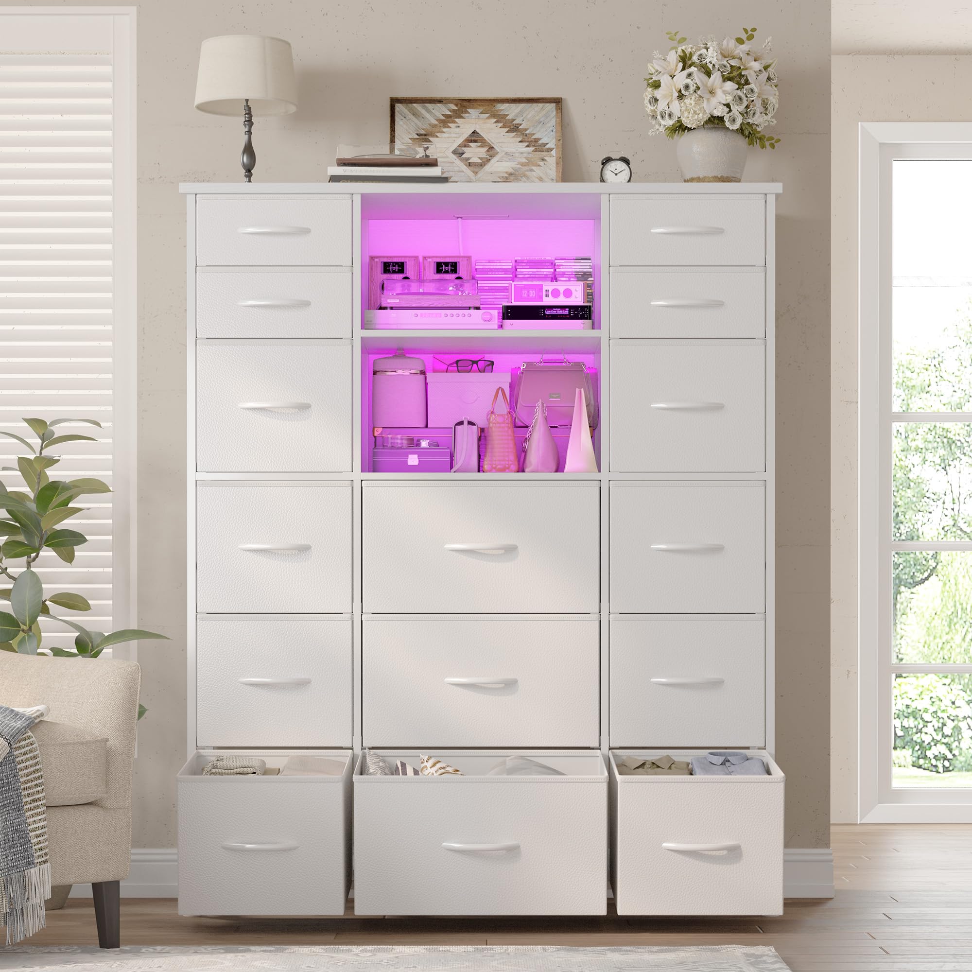 EnHomee 51" H White Dresser with 15 Drawers Dresser for Bedroom with Charging Station & LED Lights & Hutch Sturdy Bedroom Dressers, Steel Frame, Wood Top, 51.2" H x 39.3" W x 11.8" D