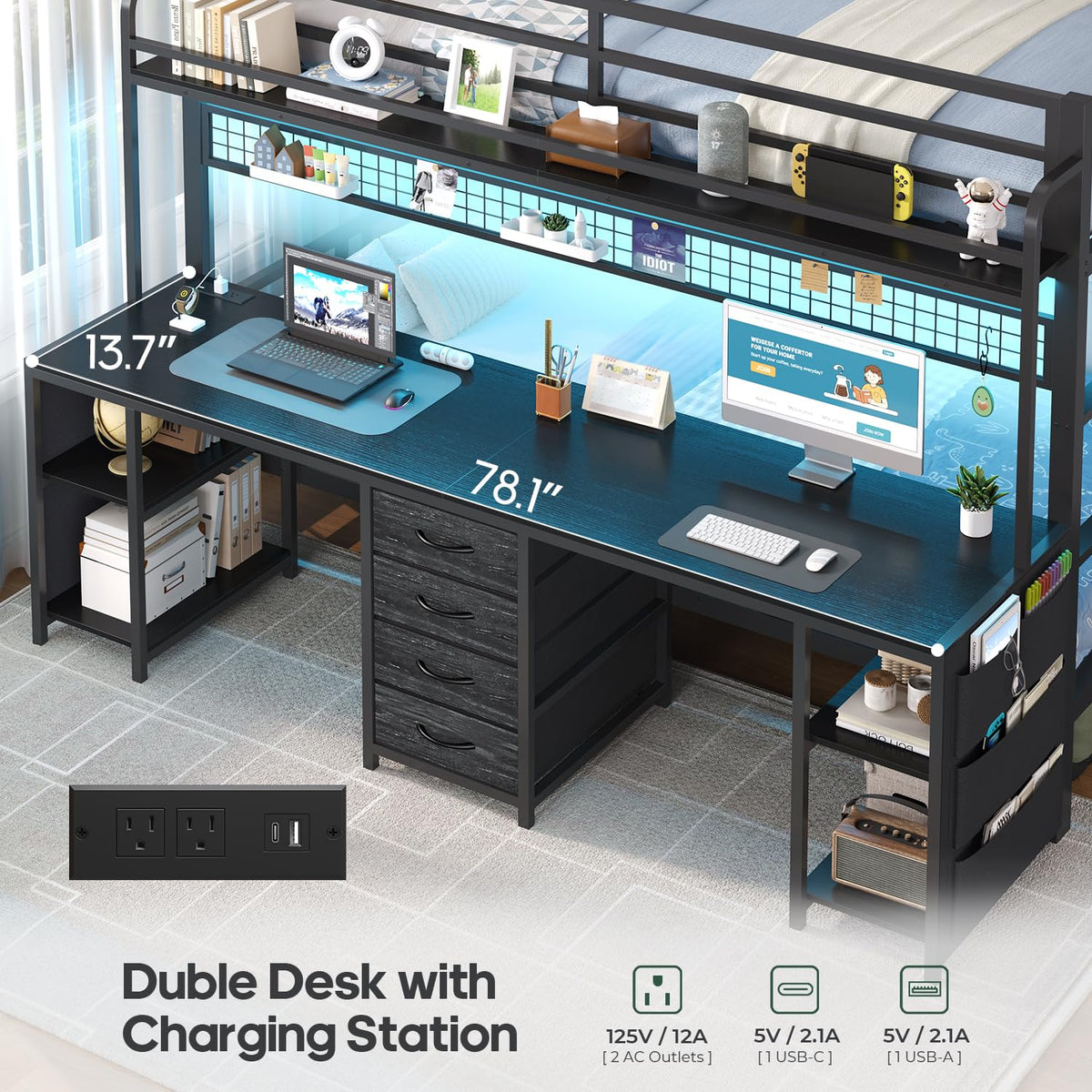 Twin Bunk Bed with Desk & LED Lights