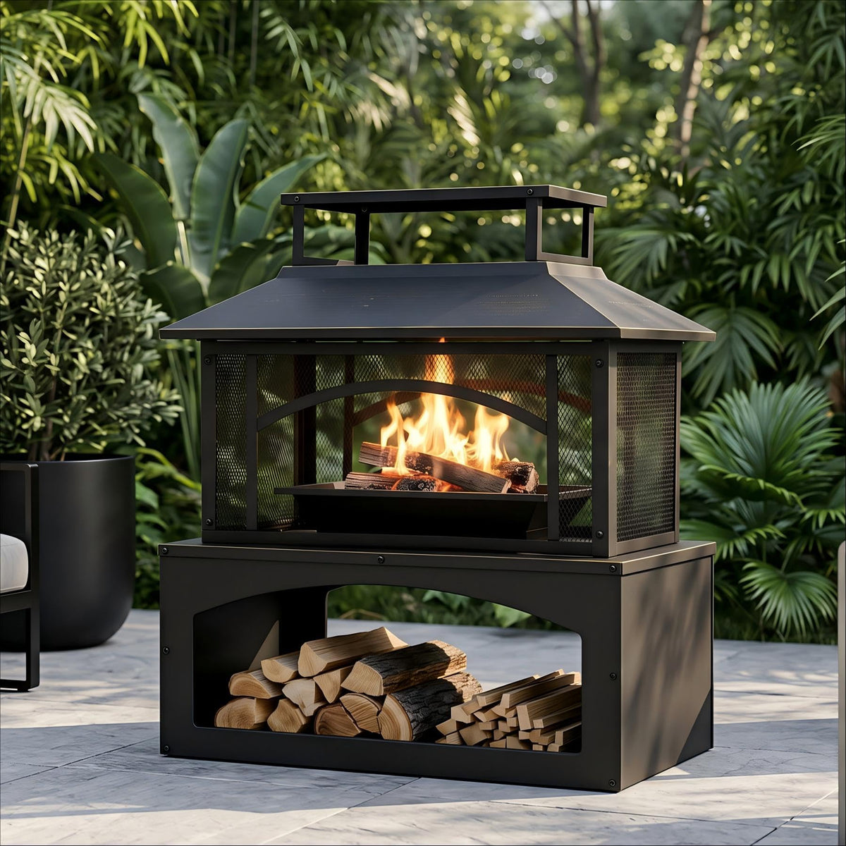 Aoxun 36" Outdoor Fire Pit with Wood Storage, Steel Wood Burning Fireplace with Mesh Spark Screen & Poker, Patio Heater with Removable Ash Pan for Backyard, Garden, Deck
