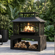 Aoxun 36" Outdoor Fire Pit with Wood Storage, Steel Wood Burning Fireplace with Mesh Spark Screen & Poker, Patio Heater with Removable Ash Pan for Backyard, Garden, Deck