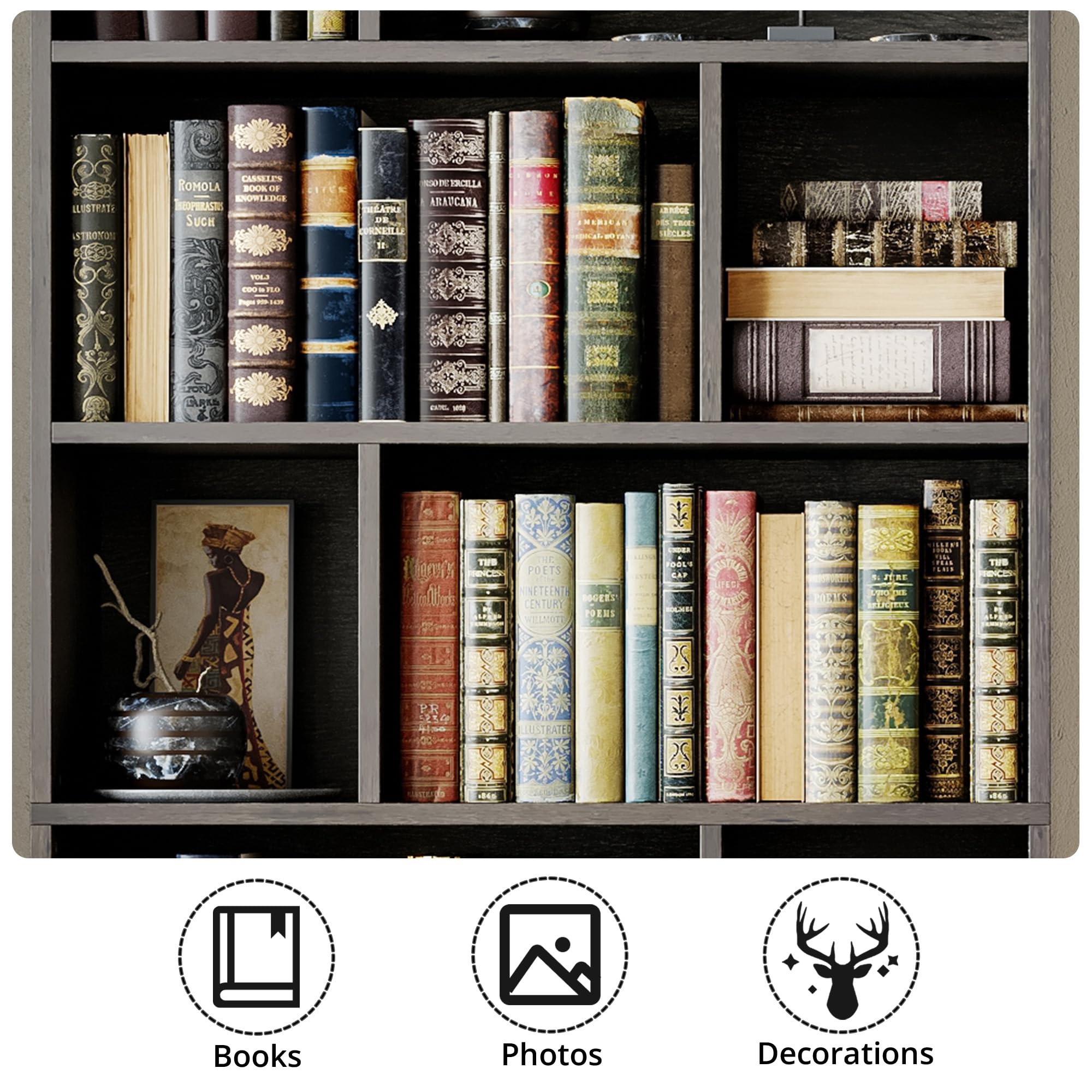 IRONCK Book Shelf, Tall Bookshelf with Storage, Bookshelves and Bookcases with Doors, 4-Tier Bookcase with 8 Open Cubes for Living Room, Office, Study, Charcoal Gray