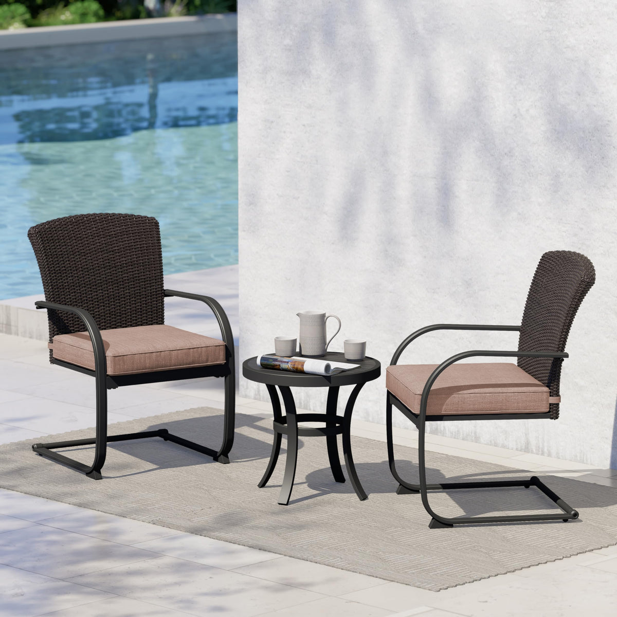 Grand patio 3 Pieces Bistro Set, Outdoor Wicker Table Set, Rocking Wicker Chairs with Removable Cushions and Small Coffee Table, Patio Furniture Sets for Balcony, Porch, Beige