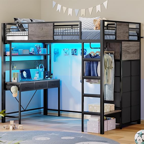 Twin Size Loft Bed with Desk & Storage