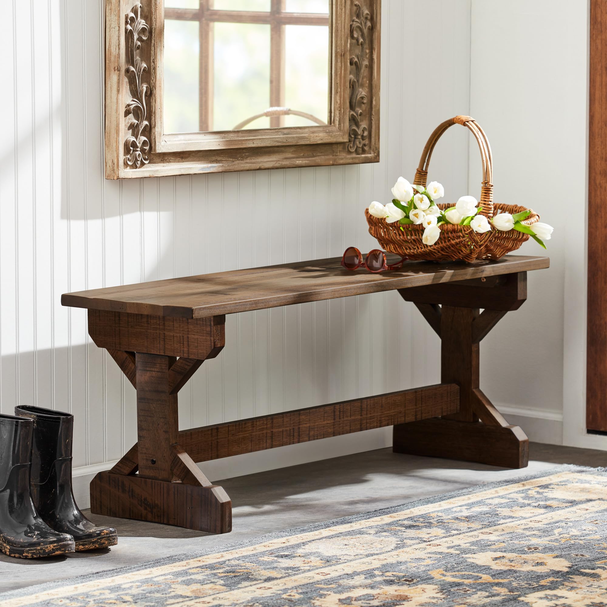 Meranti Wood Farmhouse Bench with Walnut Stain | Indoor & Outdoor