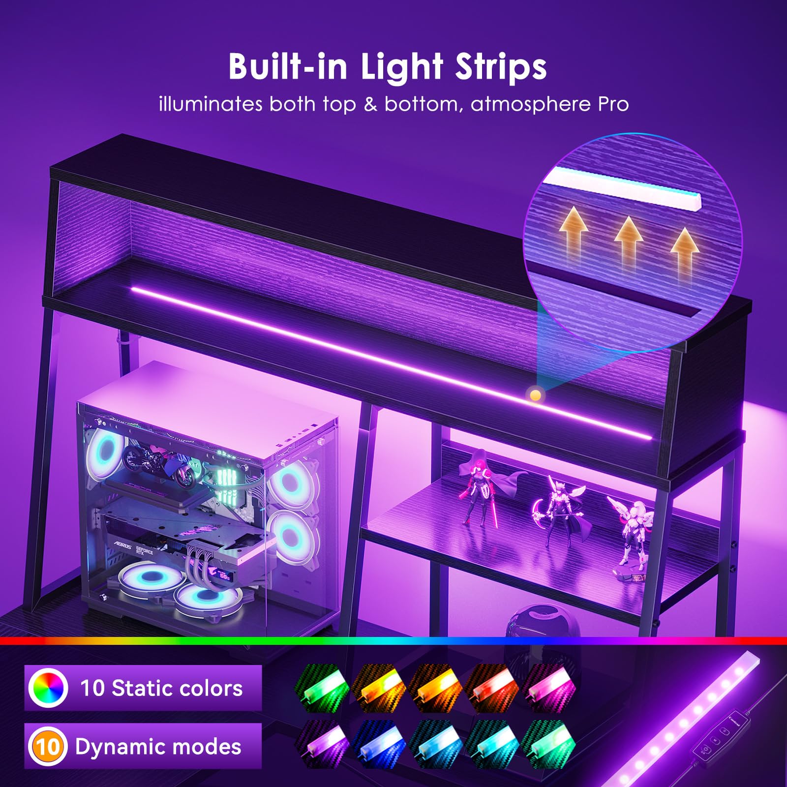 L-Shaped Gaming Desk with LED Lights & Display Shelves