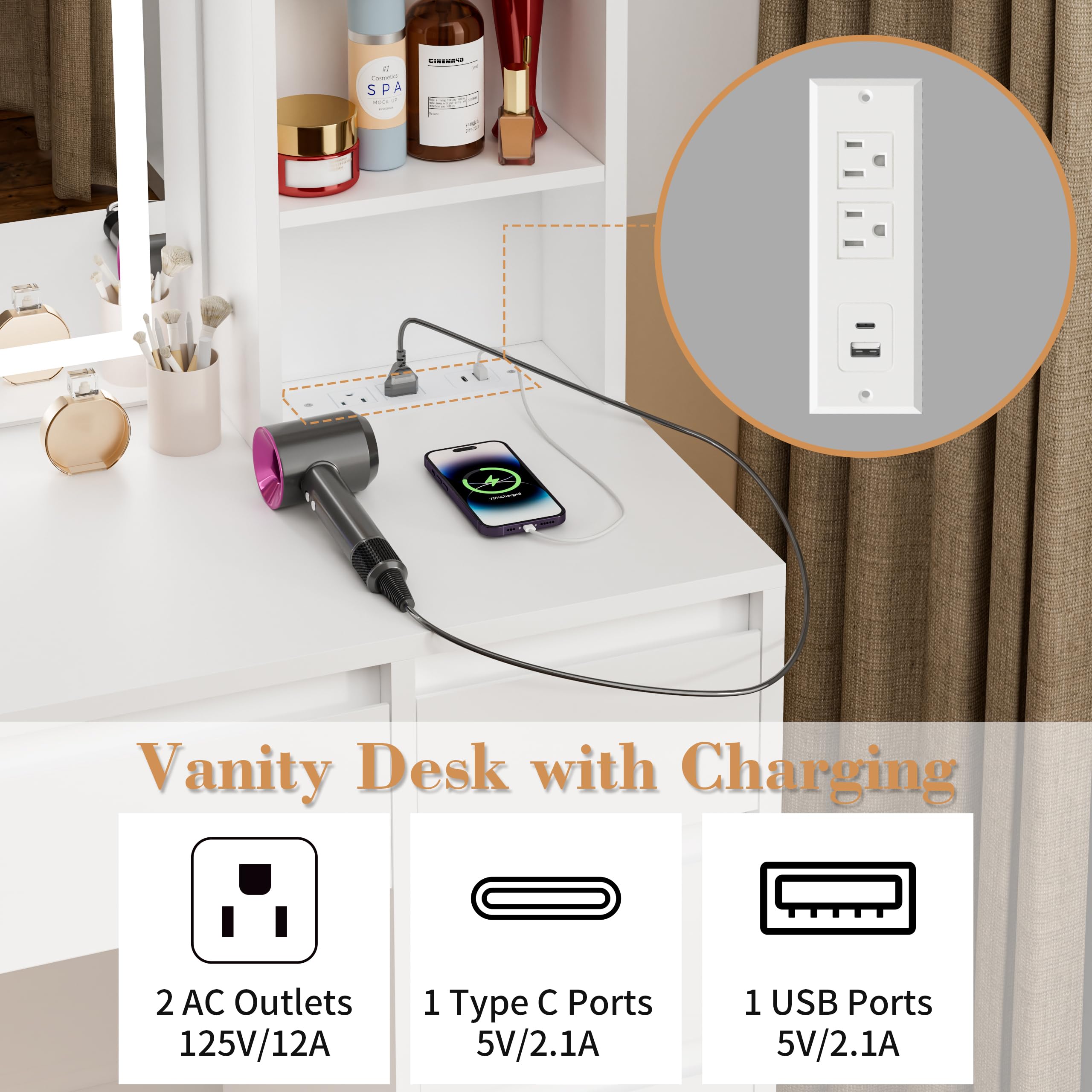 COWMOU Tall Vanity Desk with LED Mirror and RGB Lights Shelves, White Makeup Vanity with Power Outlet, Vanity Table with 5 Sliding Drawers & 2 Cabinets for for Bedroom and Dressing Room