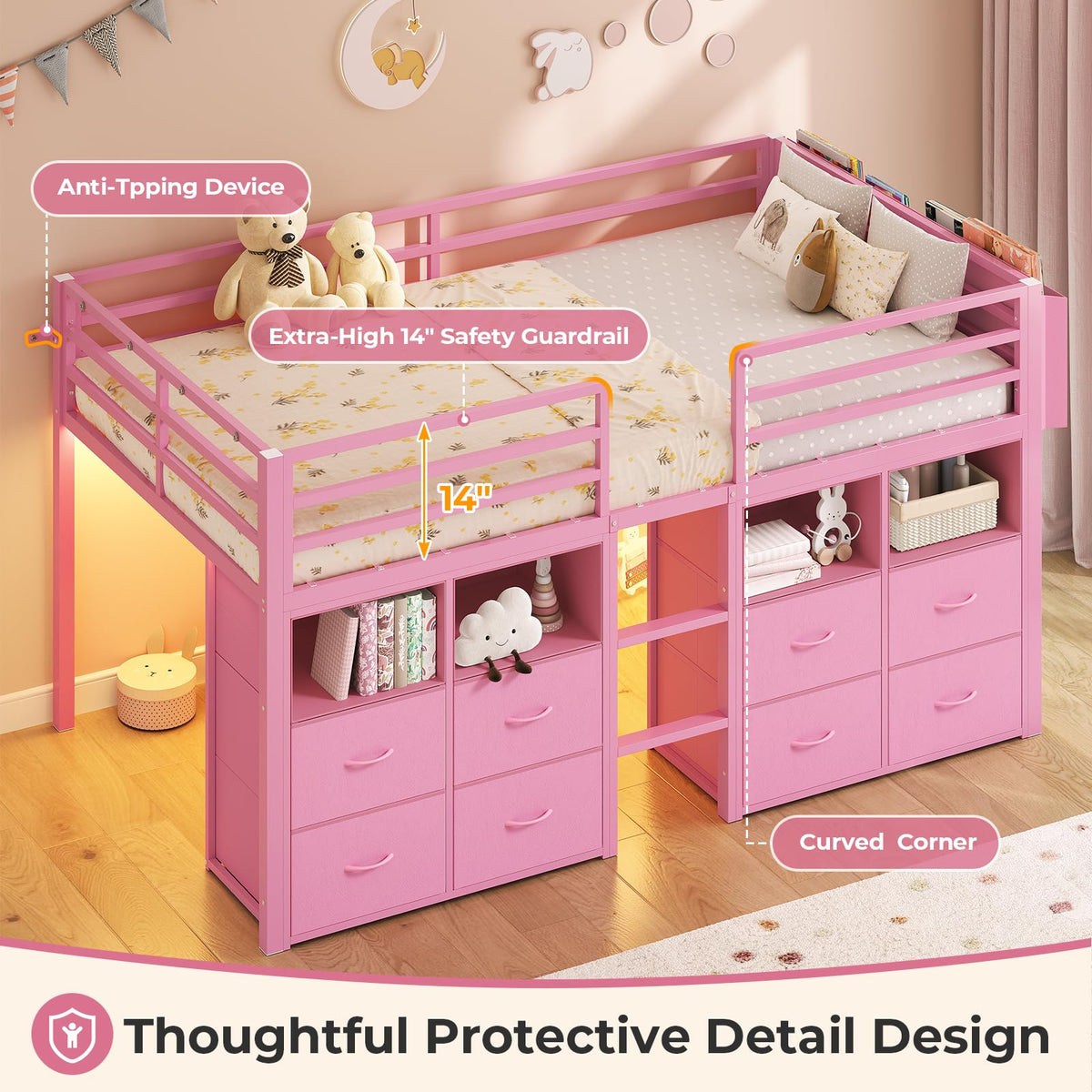 ADORNEVE Low Loft Bed Twin Size with 8 Storage Drawers for Kids, Pink