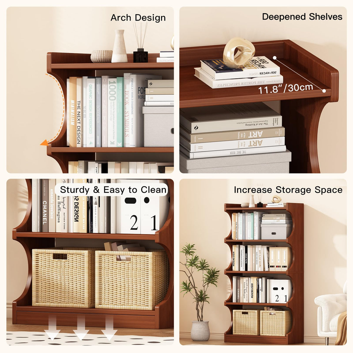 4-Tier Arched Walnut Bookcase