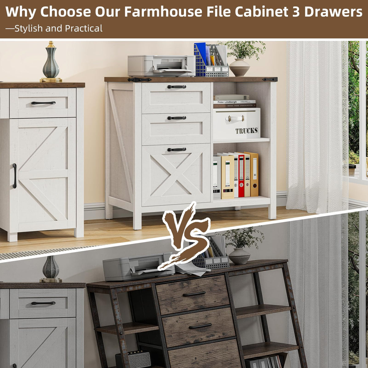 Vabches 3 Drawer File Cabinet, Wood Printer Stand with Open Adjustable Shelves, Farmhouse Lateral Filing Cabinet Fits A4 or Letter Size for Home Office, Rustic White and Brown