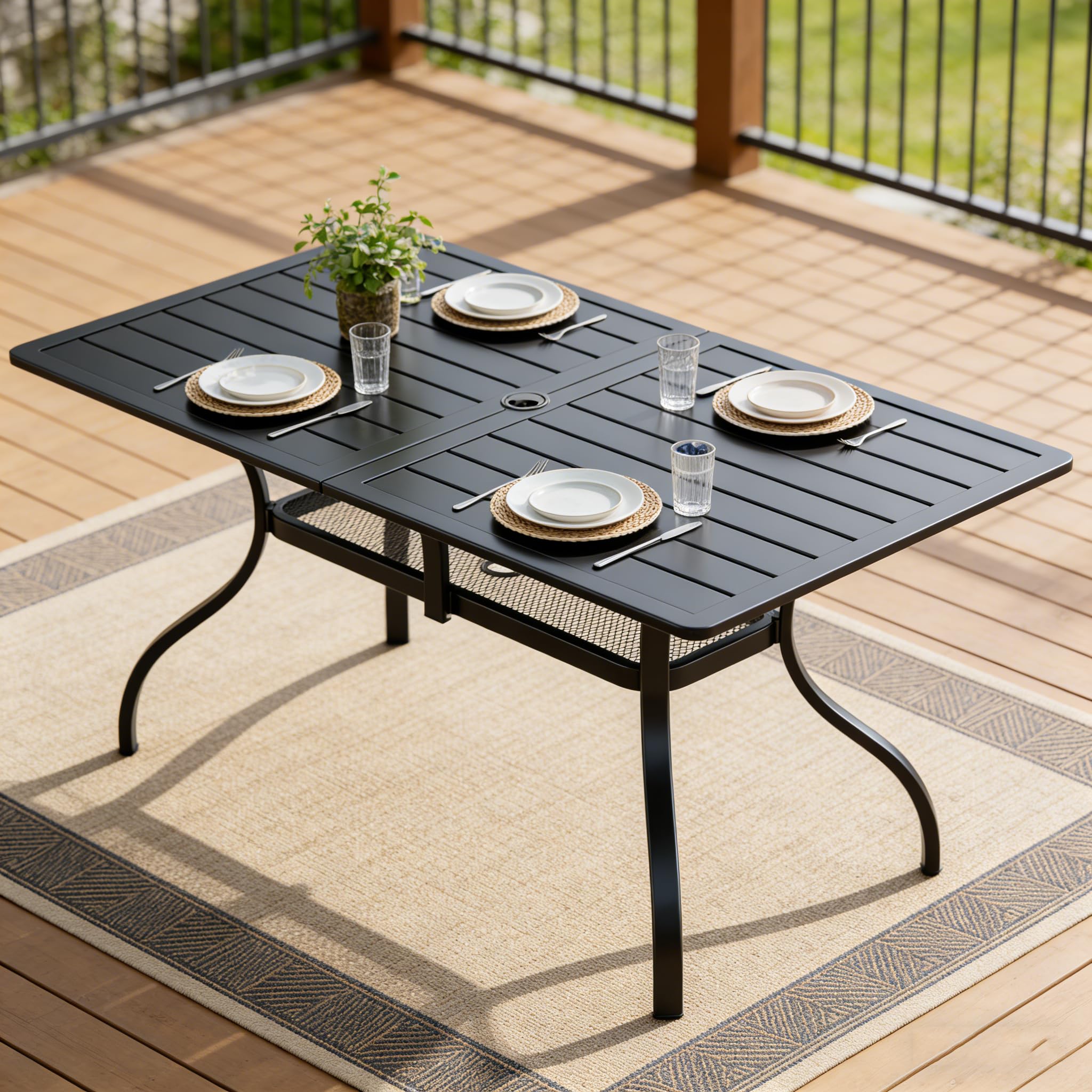 SUNCROWN 60"x37" Black Patio Outdoor Dining Table Metal Steel Slat Rectangular Bistro Table for Porch Deck Garden Backyard Poolside, 1.57" Umbrella Hole